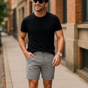 J. CREW Rivington Gingham Plaid Flat Front Mens Shorts 35 Black White 9" Inseam